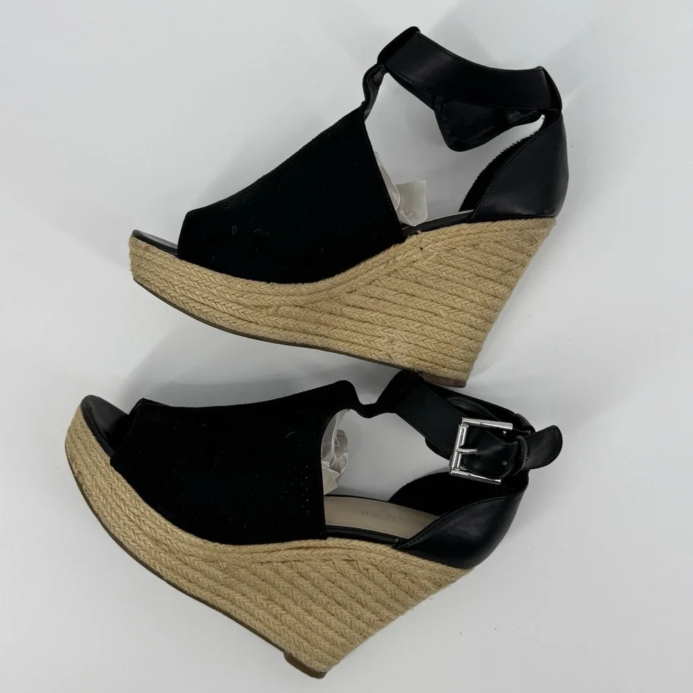 Marc Fisher‎ Black Espadrille Wedge Sandals Ankle Strap Peep Toe Size 9M Coastal
